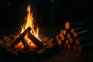 Nighttime backyard fire pit with glowing logs and stacked firewood